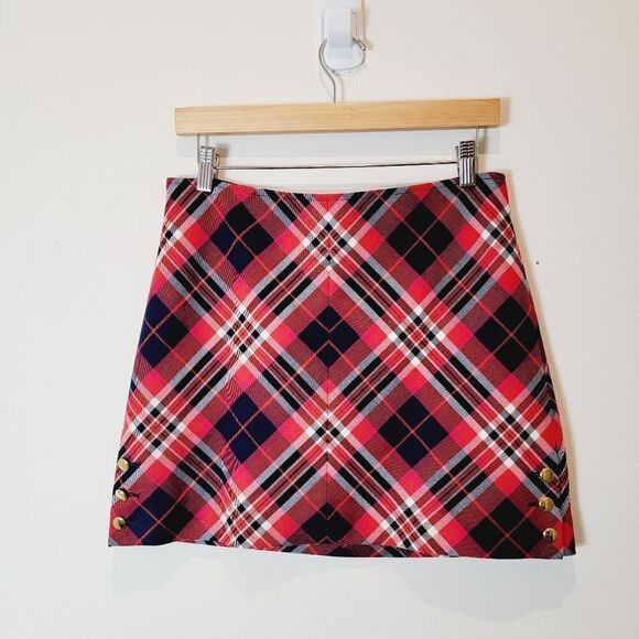 Trina Turk Plaid Mini 90s Style Academia Gold Button Red Blue Skirt Size 6 - Picture 2 of 12